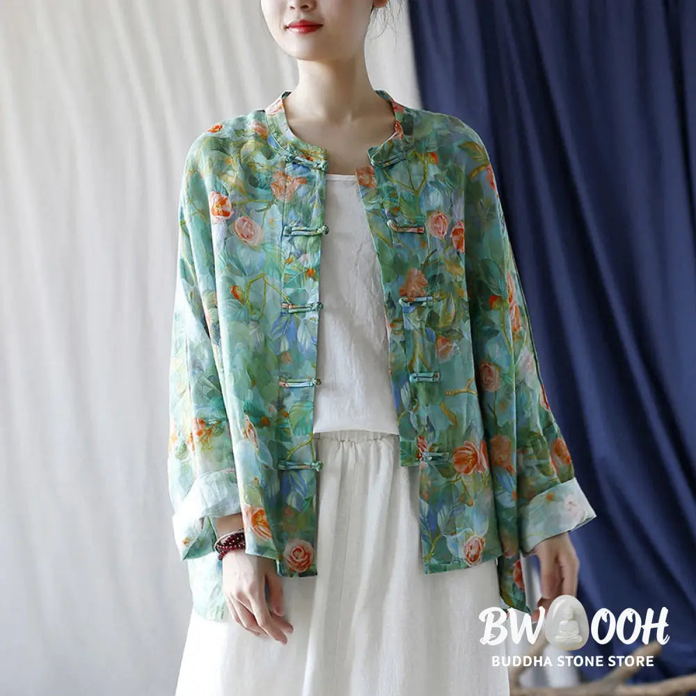 Buddha Stones Pink Flowers Green Leaves Print Frog-button Design Long Sleeve Ramie Linen Jacket Shirt - Women’s Shirts
