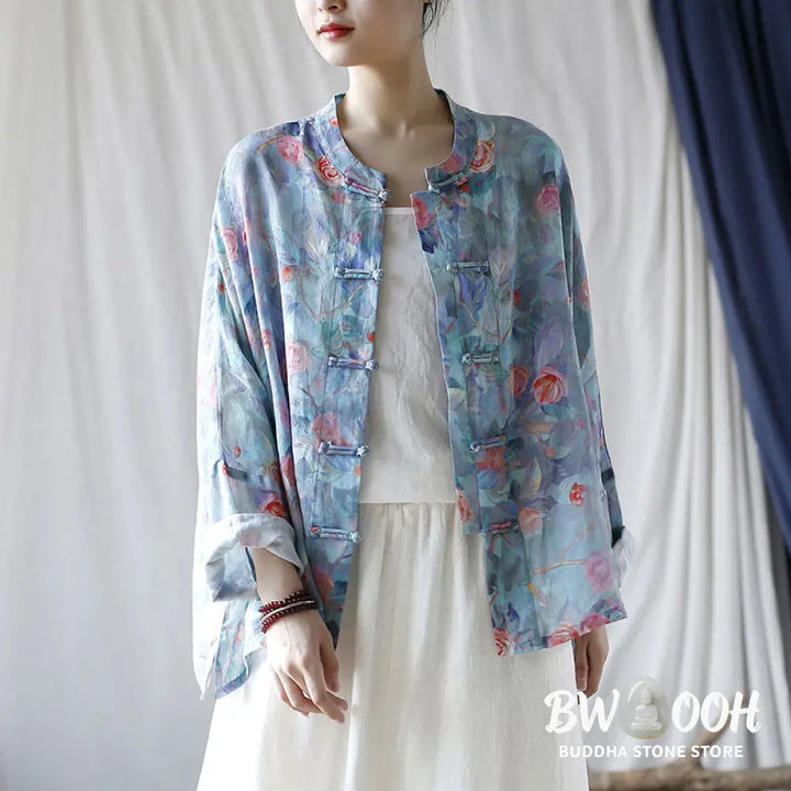 Buddha Stones Pink Flowers Green Leaves Print Frog-button Design Long Sleeve Ramie Linen Jacket Shirt - Women’s Shirts