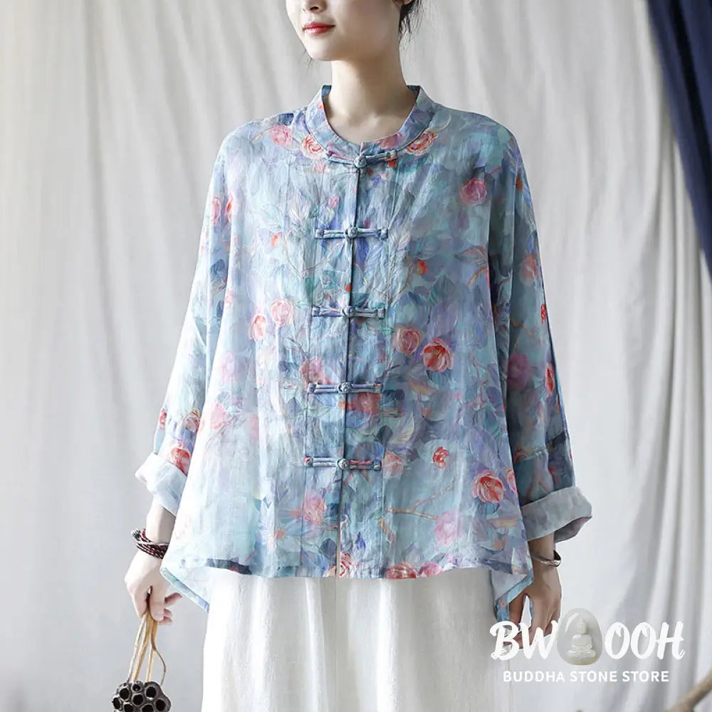 Buddha Stones Pink Flowers Green Leaves Print Frog-button Design Long Sleeve Ramie Linen Jacket Shirt - Women’s Shirts