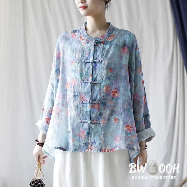 Buddha Stones Pink Flowers Green Leaves Print Frog-button Design Long Sleeve Ramie Linen Jacket Shirt - Women’s Shirts