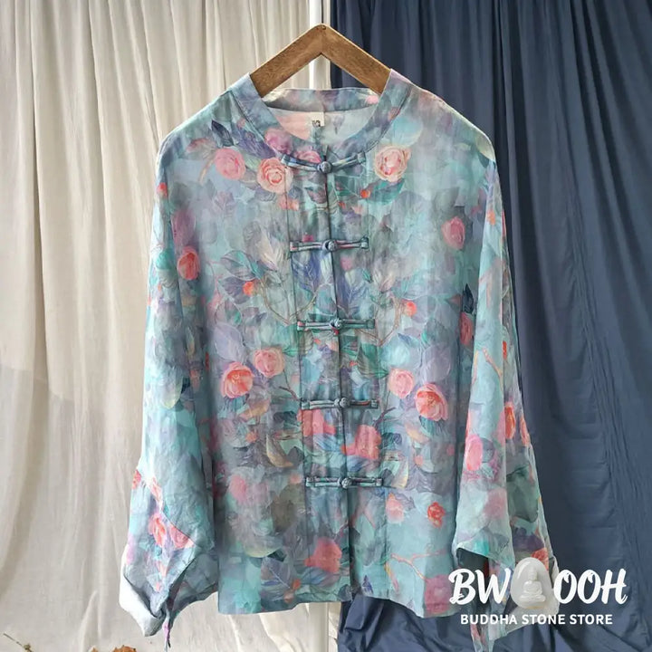 Buddha Stones Pink Flowers Green Leaves Print Frog-button Design Long Sleeve Ramie Linen Jacket Shirt - Women’s Shirts