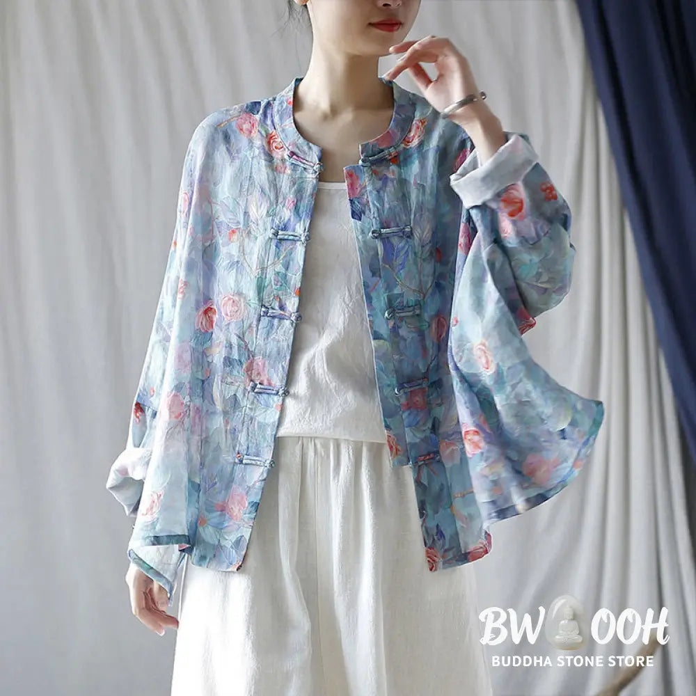 Buddha Stones Pink Flowers Green Leaves Print Frog-button Design Long Sleeve Ramie Linen Jacket Shirt - Women’s Shirts