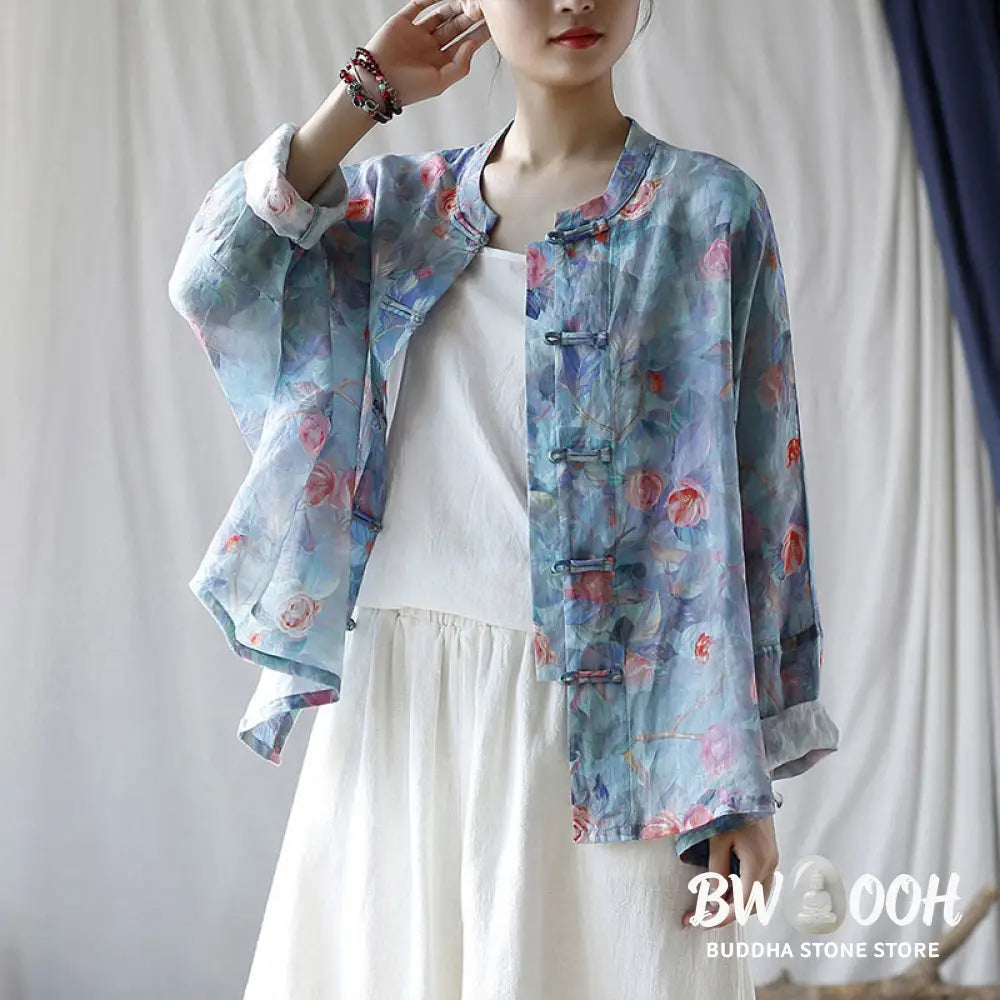 Buddha Stones Pink Flowers Green Leaves Print Frog-button Design Long Sleeve Ramie Linen Jacket Shirt - Women’s Shirts