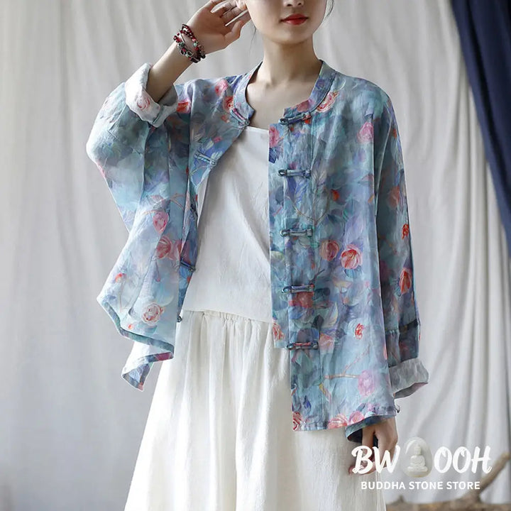 Buddha Stones Pink Flowers Green Leaves Print Frog-button Design Long Sleeve Ramie Linen Jacket Shirt - Women’s Shirts