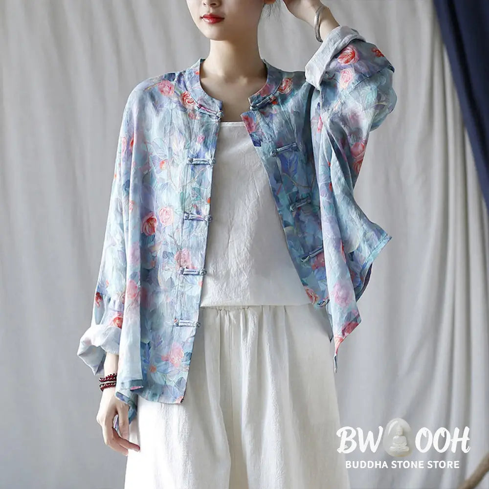 Buddha Stones Pink Flowers Green Leaves Print Frog-button Design Long Sleeve Ramie Linen Jacket Shirt - Women’s Shirts