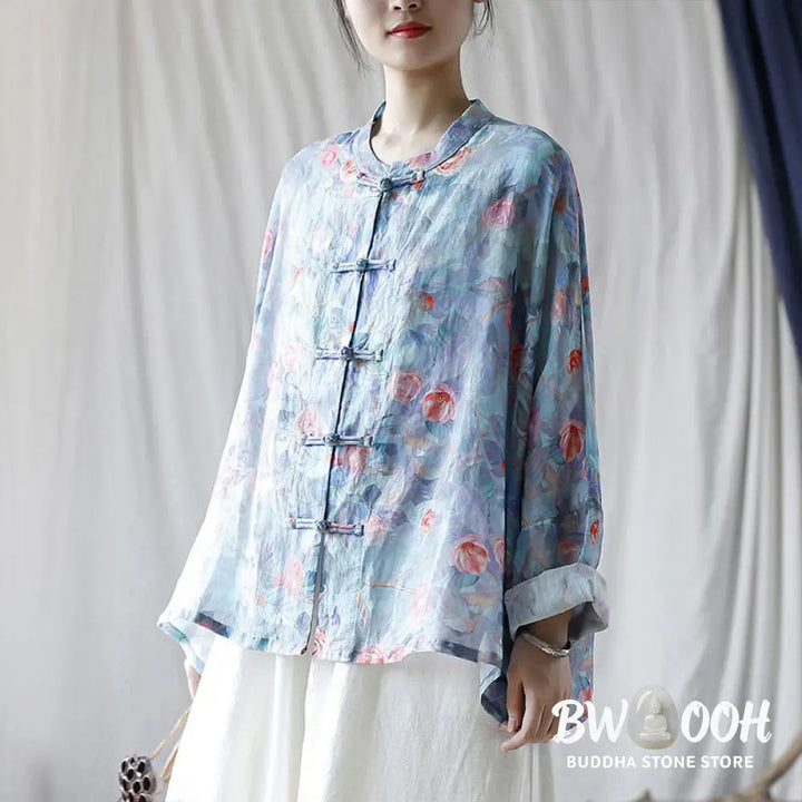 Buddha Stones Pink Flowers Green Leaves Print Frog-button Design Long Sleeve Ramie Linen Jacket Shirt - Women’s Shirts