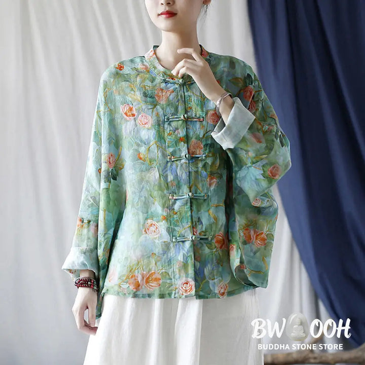Buddha Stones Pink Flowers Green Leaves Print Frog-button Design Long Sleeve Ramie Linen Jacket Shirt - Women’s Shirts