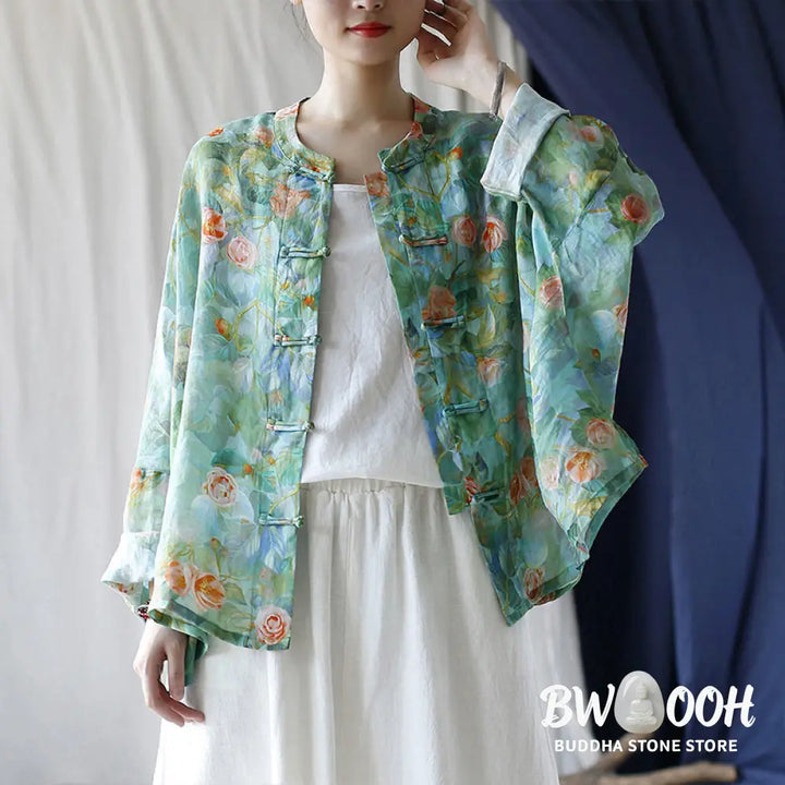 Buddha Stones Pink Flowers Green Leaves Print Frog-button Design Long Sleeve Ramie Linen Jacket Shirt - Women’s Shirts