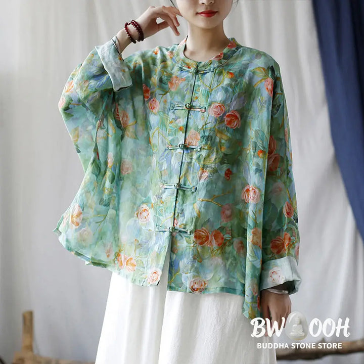 Buddha Stones Pink Flowers Green Leaves Print Frog-button Design Long Sleeve Ramie Linen Jacket Shirt - Women’s Shirts