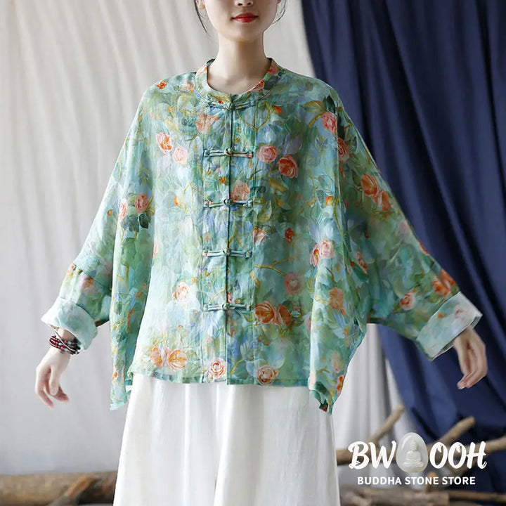 Buddha Stones Pink Flowers Green Leaves Print Frog-button Design Long Sleeve Ramie Linen Jacket Shirt - Women’s Shirts