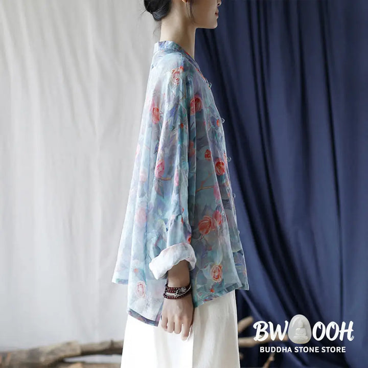 Buddha Stones Pink Flowers Green Leaves Print Frog-button Design Long Sleeve Ramie Linen Jacket Shirt - Women’s Shirts