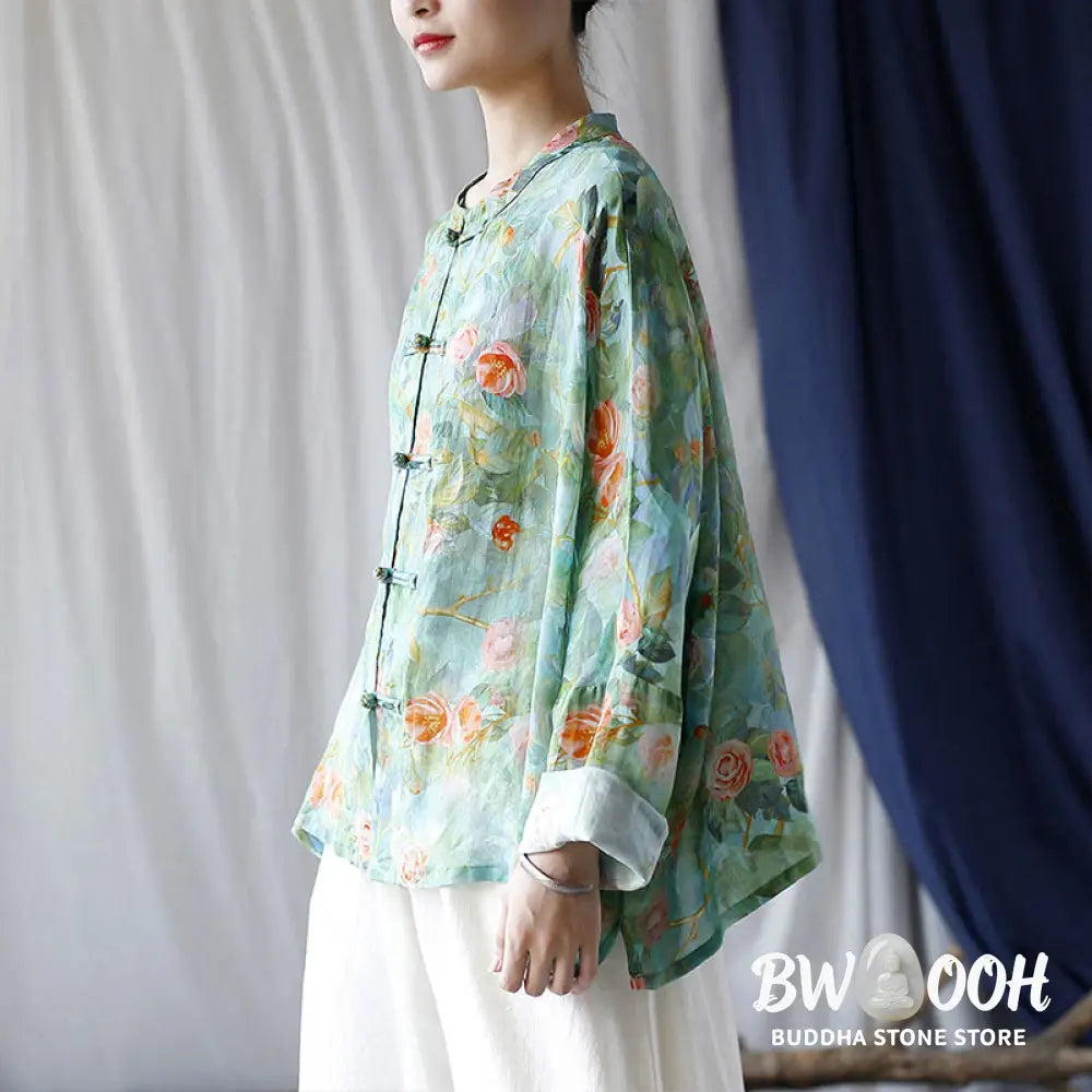 Buddha Stones Pink Flowers Green Leaves Print Frog-button Design Long Sleeve Ramie Linen Jacket Shirt - Women’s Shirts
