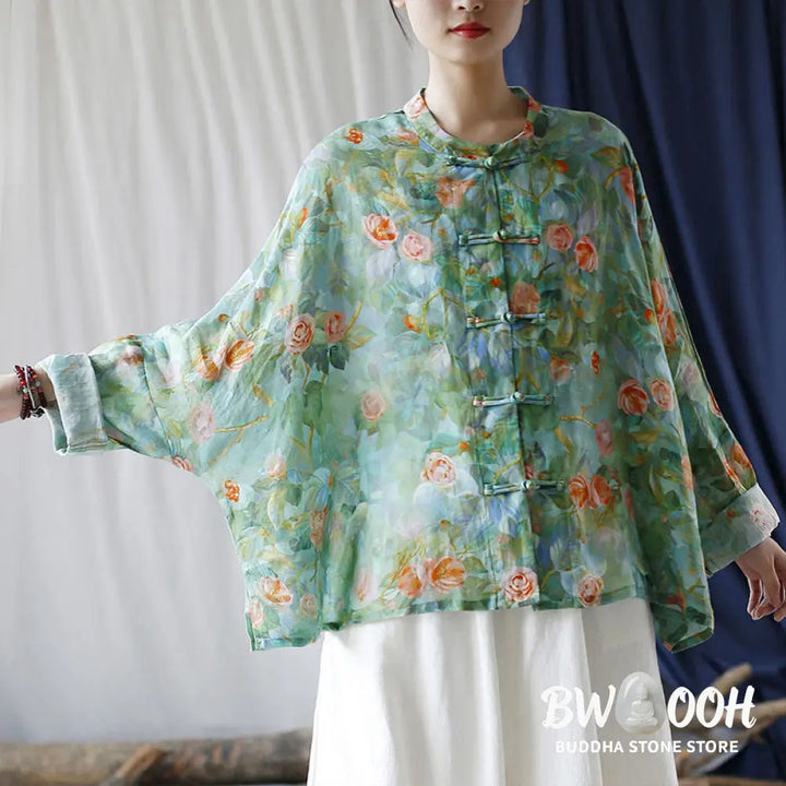 Buddha Stones Pink Flowers Green Leaves Print Frog-button Design Long Sleeve Ramie Linen Jacket Shirt - Women’s Shirts