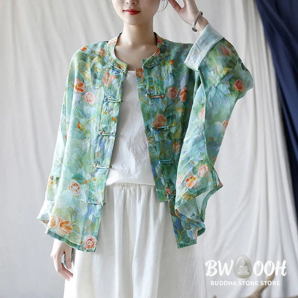 Buddha Stones Pink Flowers Green Leaves Print Frog-button Design Long Sleeve Ramie Linen Jacket Shirt - Women’s Shirts