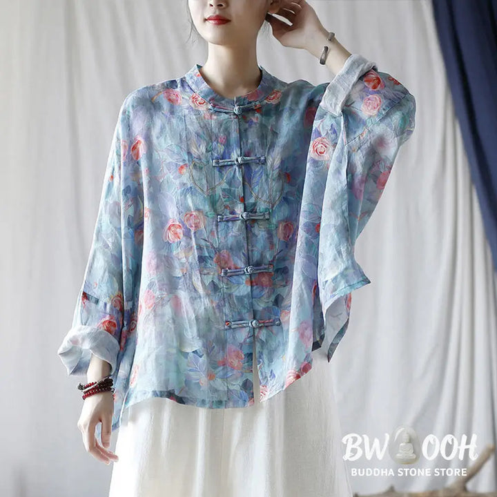 Buddha Stones Pink Flowers Green Leaves Print Frog-button Design Long Sleeve Ramie Linen Jacket Shirt - Women’s Shirts