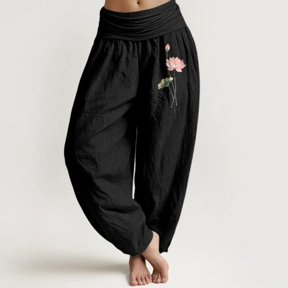 Buddha Stones Pink Lotus Flower Lotus Leaves Pattern Women’s Elastic Waist Harem Pure Cotton Pants - Black
