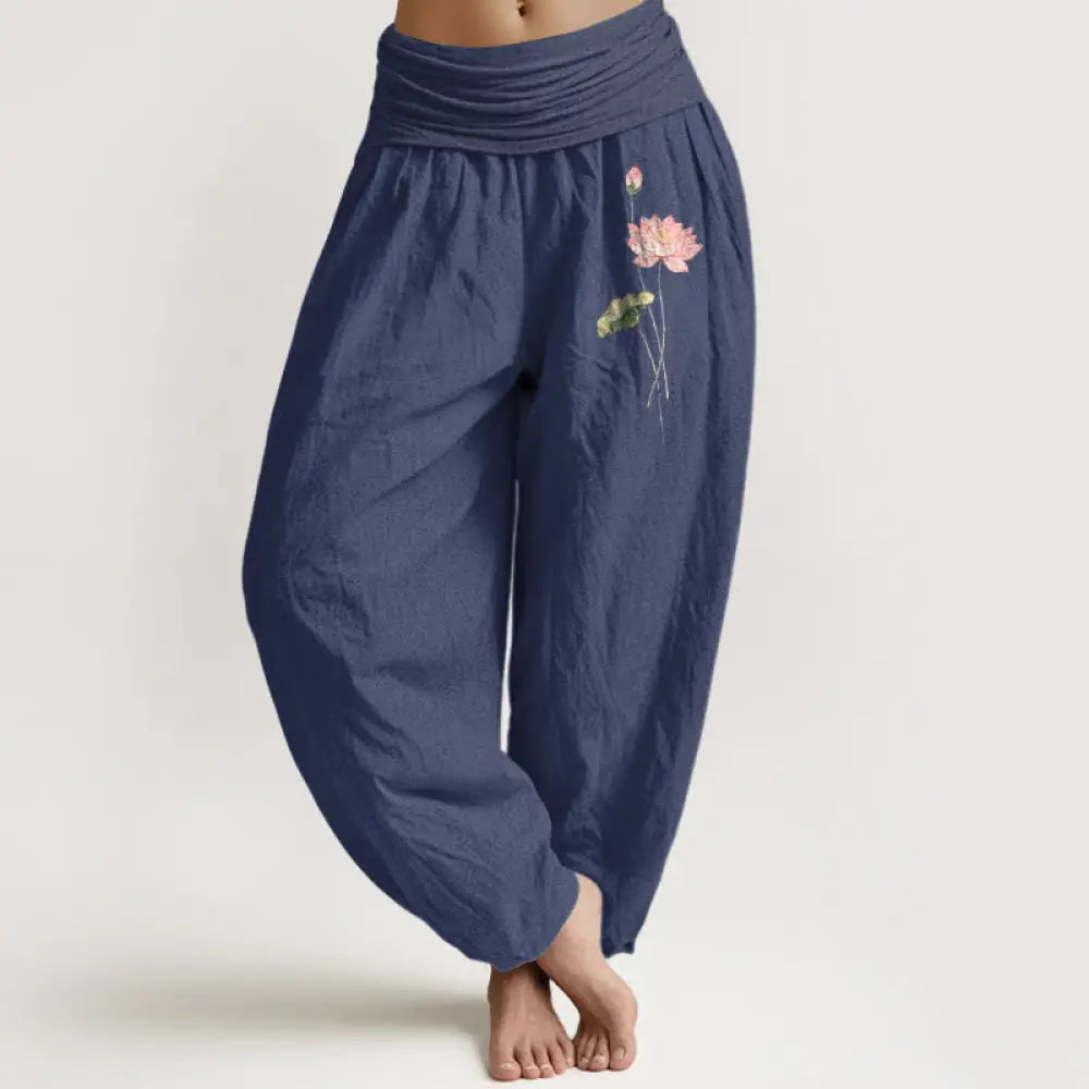Buddha Stones Pink Lotus Flower Lotus Leaves Pattern Women’s Elastic Waist Harem Pure Cotton Pants - DarkSlateBlue