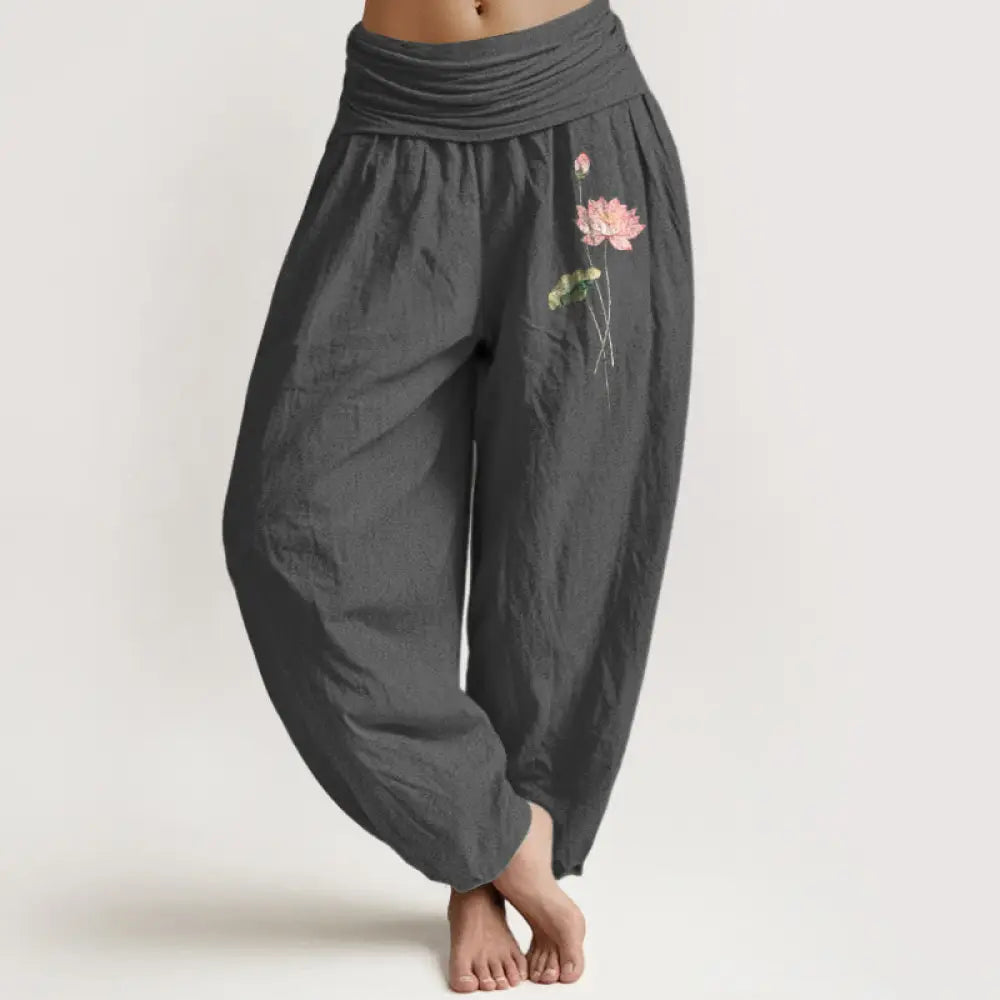 BWOOOH lotus print harem pants - Pink Lotus Flower Lotus Leaves Pattern W