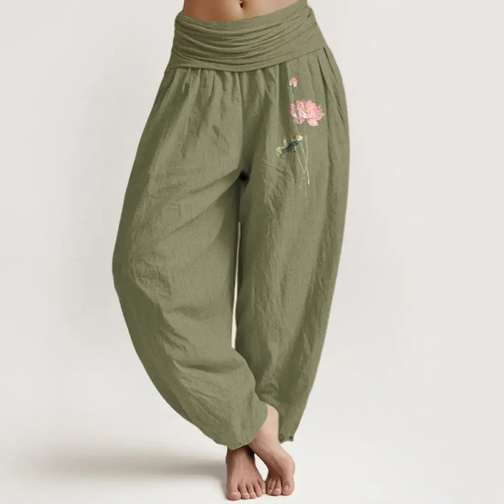 Buddha Stones Pink Lotus Flower Lotus Leaves Pattern Women’s Elastic Waist Harem Pure Cotton Pants - OliveDrab