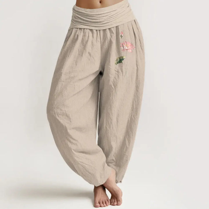 Buddha Stones Pink Lotus Flower Lotus Leaves Pattern Women’s Elastic Waist Harem Pure Cotton Pants - Tan
