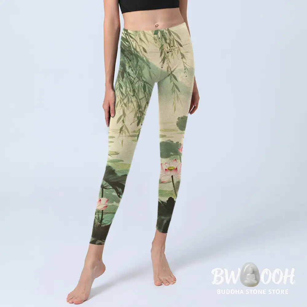 BWOOOH lotus print yoga leggings - Pink Lotus Flower Lotus Leaves Willow Br