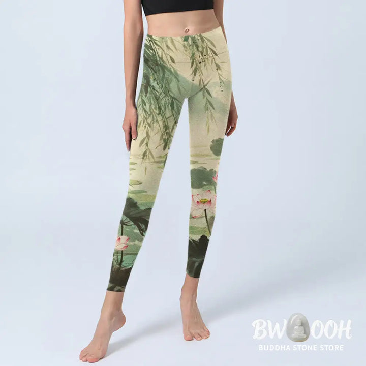 BWOOOH lotus print yoga leggings - Pink Lotus Flower Lotus Leaves Willow Br