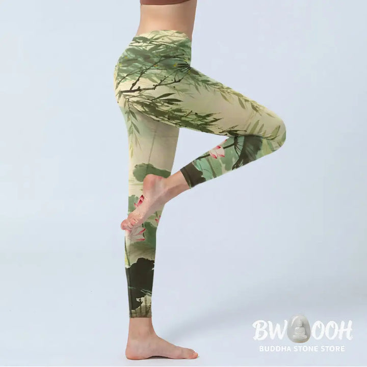 BWOOOH lotus print yoga leggings - Pink Lotus Flower Lotus Leaves Willow Br