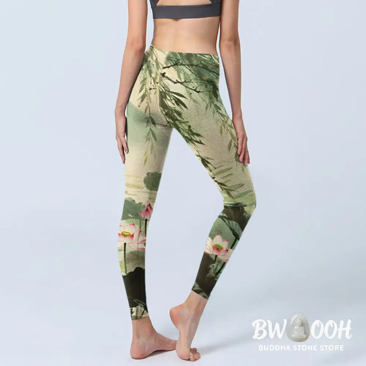 BWOOOH lotus print yoga leggings - Pink Lotus Flower Lotus Leaves Willow Br