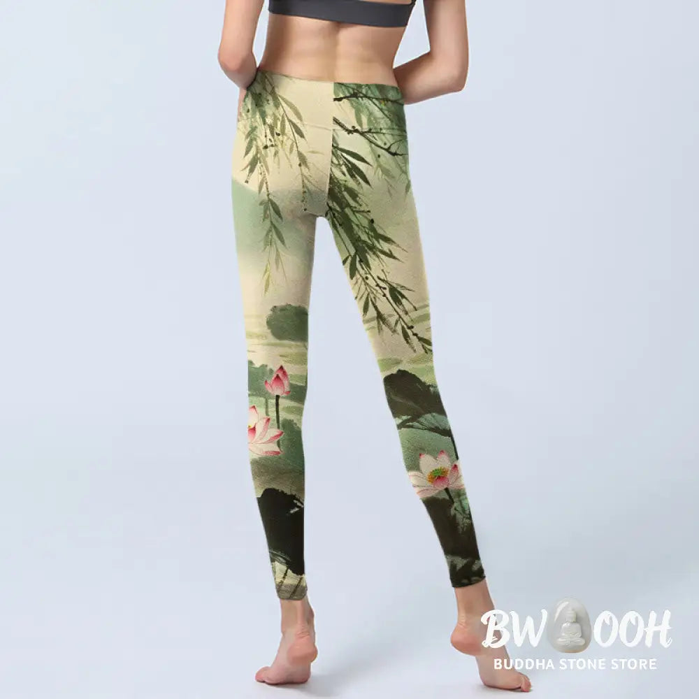BWOOOH lotus print yoga leggings - Pink Lotus Flower Lotus Leaves Willow Br