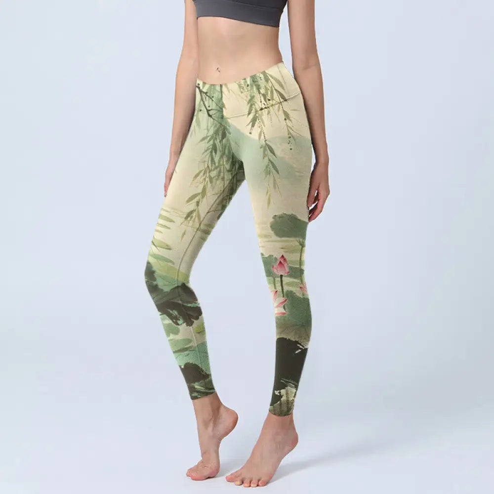 BWOOOH lotus print yoga leggings - Pink Lotus Flower Lotus Leaves Willow Br
