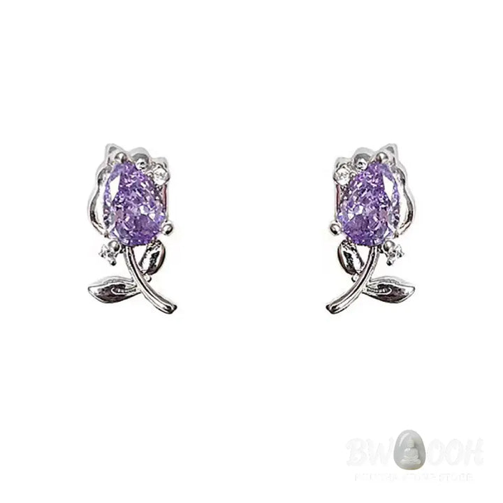 Buddha Stones Pink Purple Tulip Zircon Copper Healing Stud Earrings - Earrings
