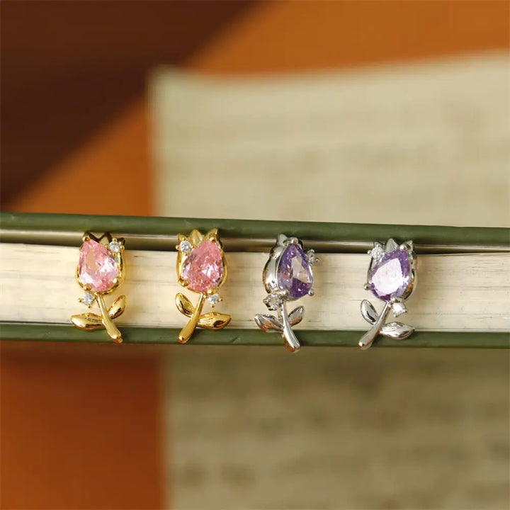 Buddha Stones Pink Purple Tulip Zircon Copper Healing Stud Earrings - Earrings