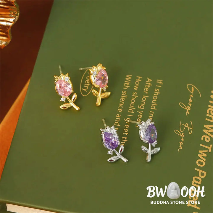 Buddha Stones Pink Purple Tulip Zircon Copper Healing Stud Earrings - Earrings