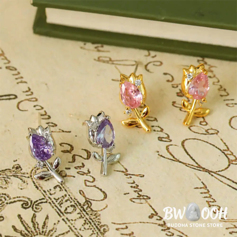 Buddha Stones Pink Purple Tulip Zircon Copper Healing Stud Earrings - Earrings