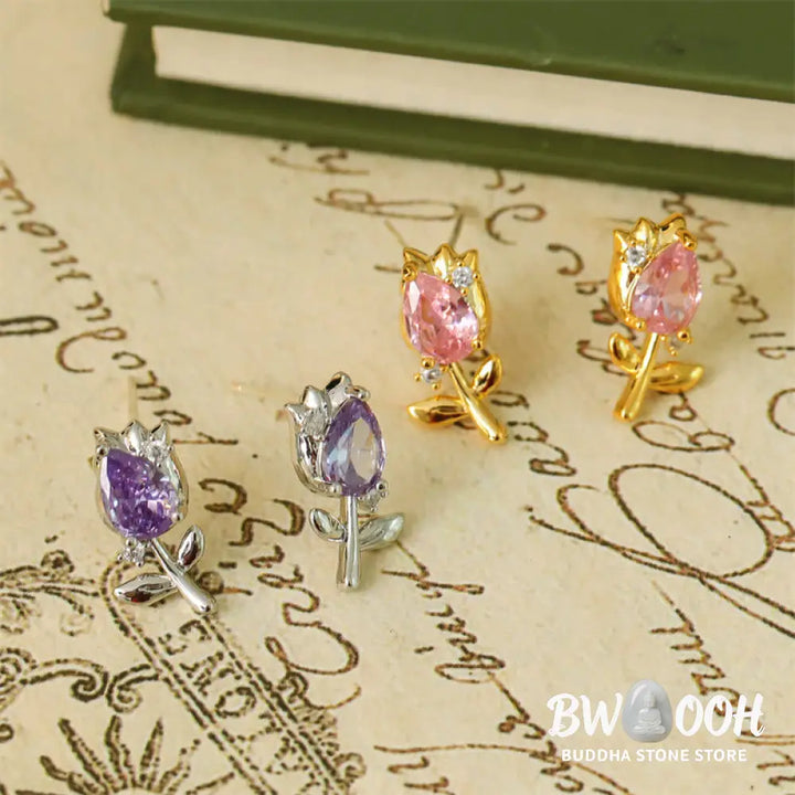 Buddha Stones Pink Purple Tulip Zircon Copper Healing Stud Earrings - Earrings