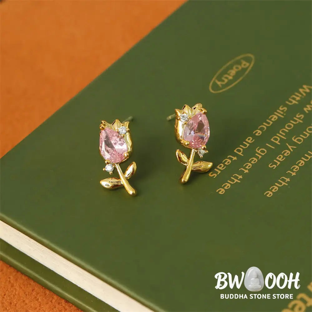 Buddha Stones Pink Purple Tulip Zircon Copper Healing Stud Earrings - Earrings