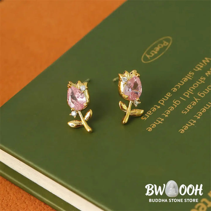 Buddha Stones Pink Purple Tulip Zircon Copper Healing Stud Earrings - Earrings