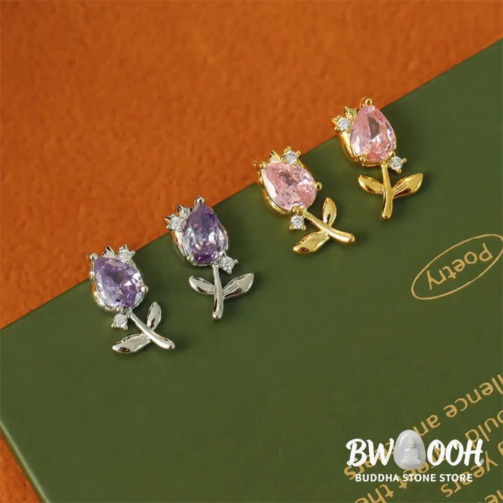 Buddha Stones Pink Purple Tulip Zircon Copper Healing Stud Earrings - Earrings