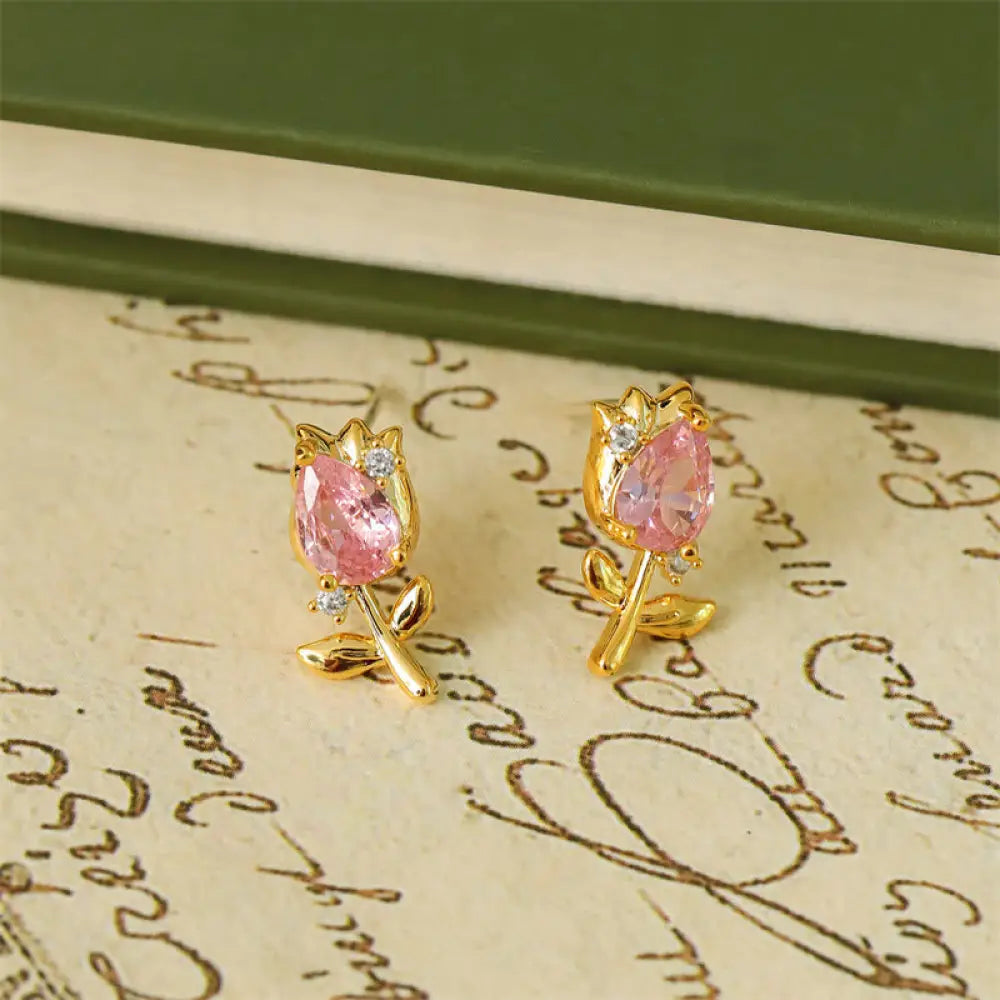 Buddha Stones Pink Purple Tulip Zircon Copper Healing Stud Earrings - Pink Tulips(925 Sterling Silver Posts) - Earrings
