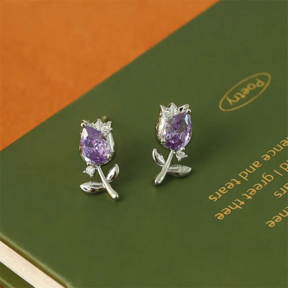 Buddha Stones Pink Purple Tulip Zircon Copper Healing Stud Earrings - Purple Tulips(925 Sterling Silver Posts)