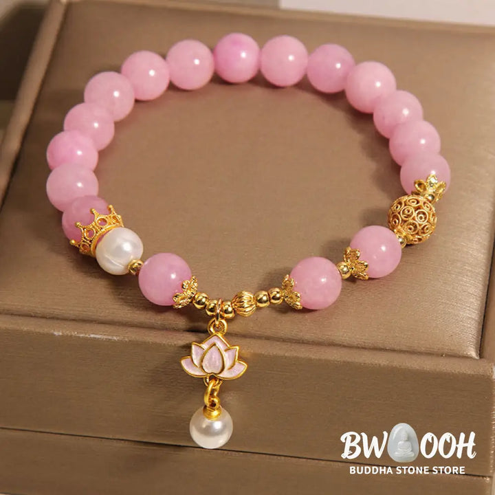 Buddha Stones Pink Quartzite Pearl Lotus Charm Harmony Bracelet - BWOOOH - Pink Quartzite(Wrist Circumference: 14-17cm)