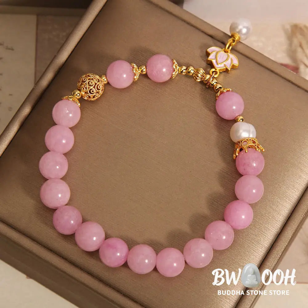 Buddha Stones Pink Quartzite Pearl Lotus Charm Harmony Bracelet - BWOOOH - Pink Quartzite(Wrist Circumference: 14-17cm)