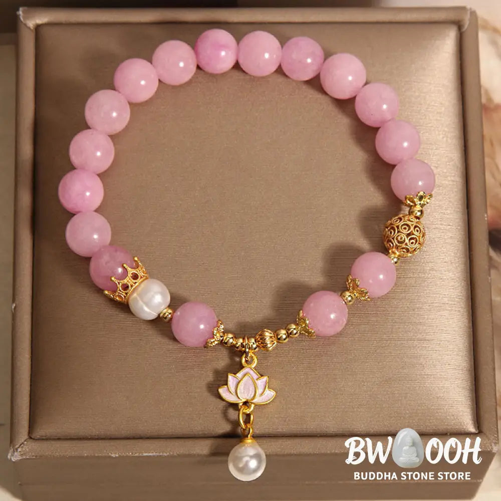 Buddha Stones Pink Quartzite Pearl Lotus Charm Harmony Bracelet - BWOOOH - Pink Quartzite(Wrist Circumference: 14-17cm)
