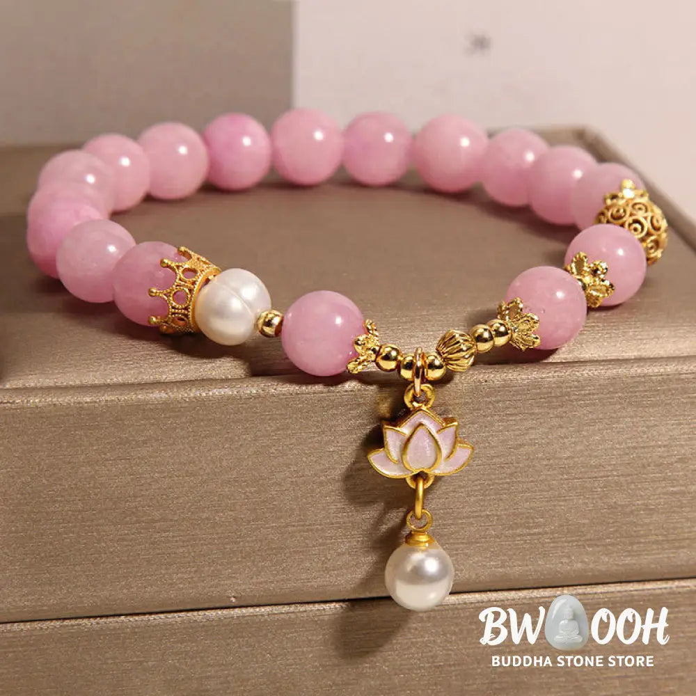 Buddha Stones Pink Quartzite Pearl Lotus Charm Harmony Bracelet - BWOOOH - Pink Quartzite(Wrist Circumference: 14-17cm)