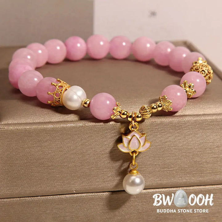 Buddha Stones Pink Quartzite Pearl Lotus Charm Harmony Bracelet - BWOOOH - Pink Quartzite(Wrist Circumference: 14-17cm)