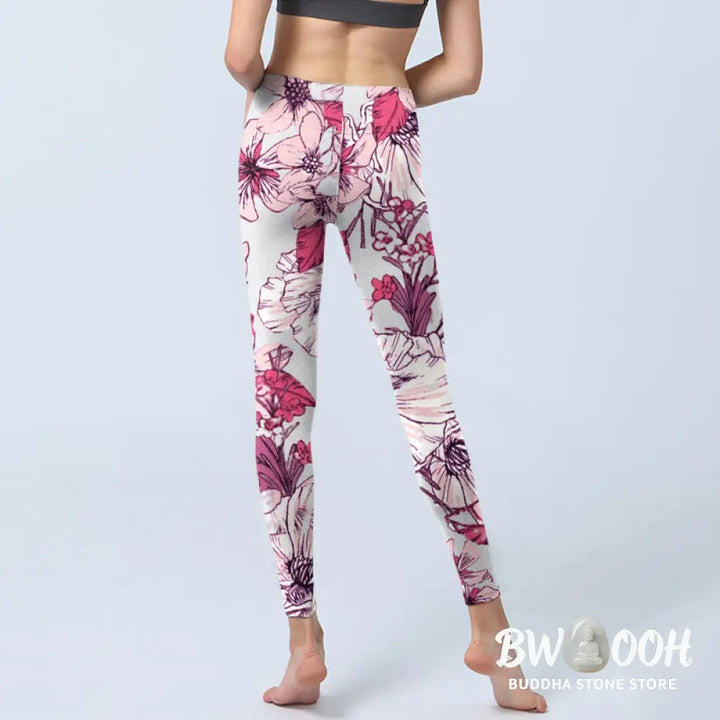 BWOOOH lotus print yoga leggings - Pink Rose Red Flowers Print Exercise Leg