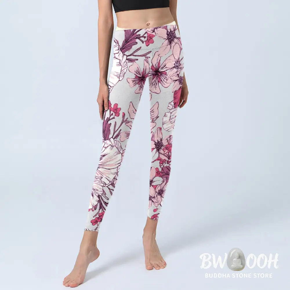 BWOOOH lotus print yoga leggings - Pink Rose Red Flowers Print Exercise Leg