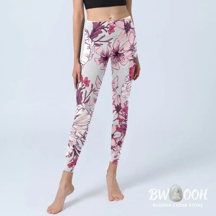 BWOOOH lotus print yoga leggings - Pink Rose Red Flowers Print Exercise Leg
