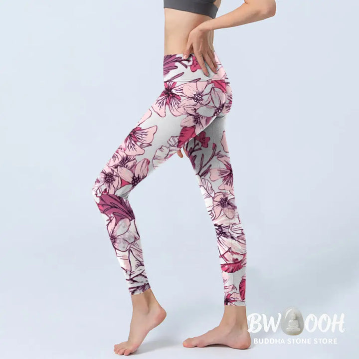 BWOOOH lotus print yoga leggings - Pink Rose Red Flowers Print Exercise Leg
