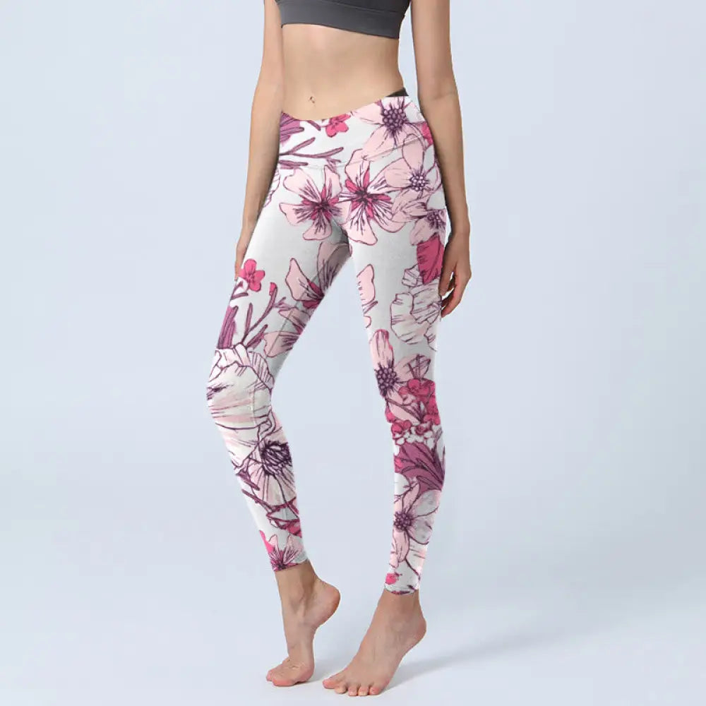 BWOOOH lotus print yoga leggings - Pink Rose Red Flowers Print Exercise Leg